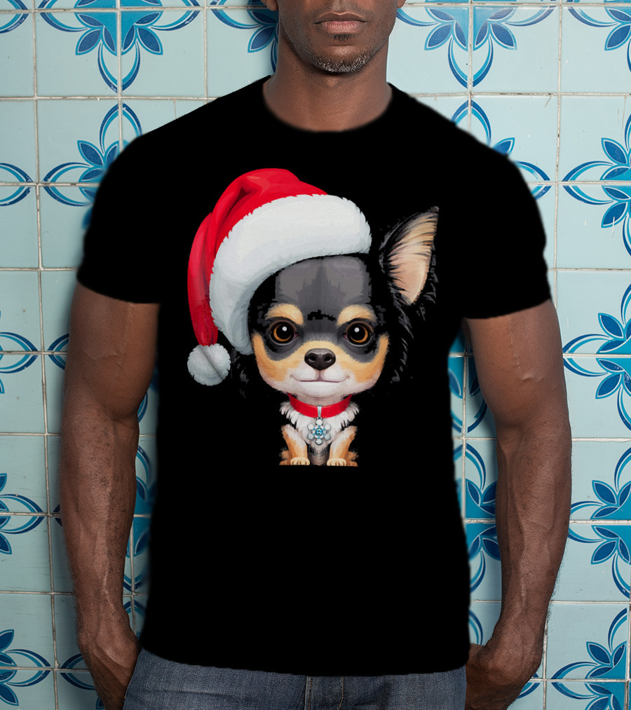 Festive Black And Tan Long Haired Chihuahua Santa Hat T-Shirt