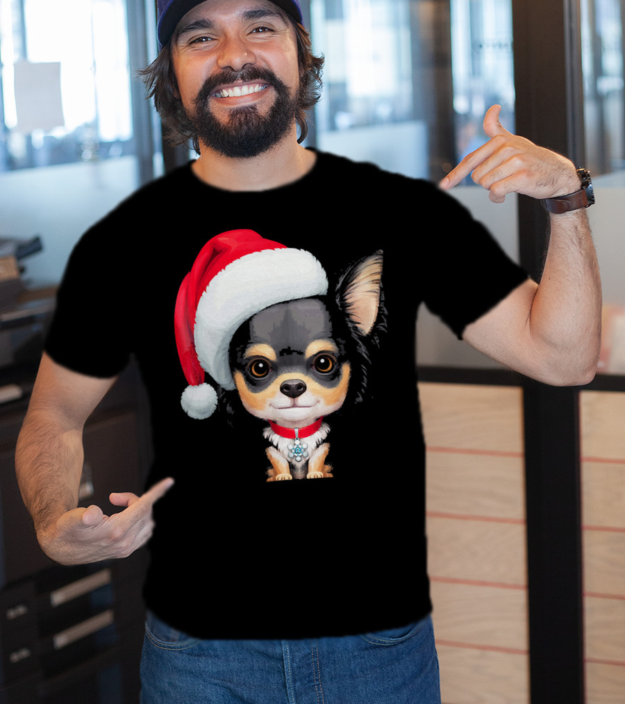 Festive Black And Tan Long Haired Chihuahua Santa Hat T-Shirt
