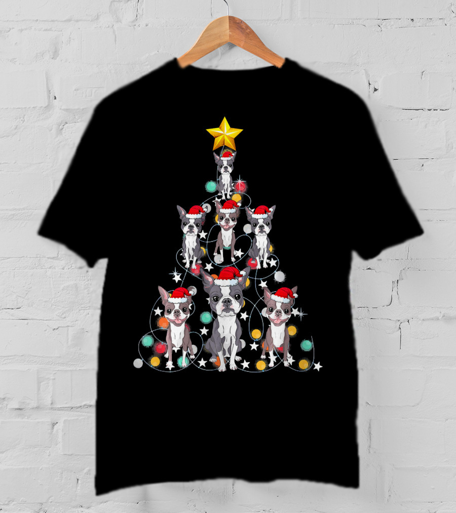 Santa Boston Terrier Christmas Tree Star Puppies T-Shirt