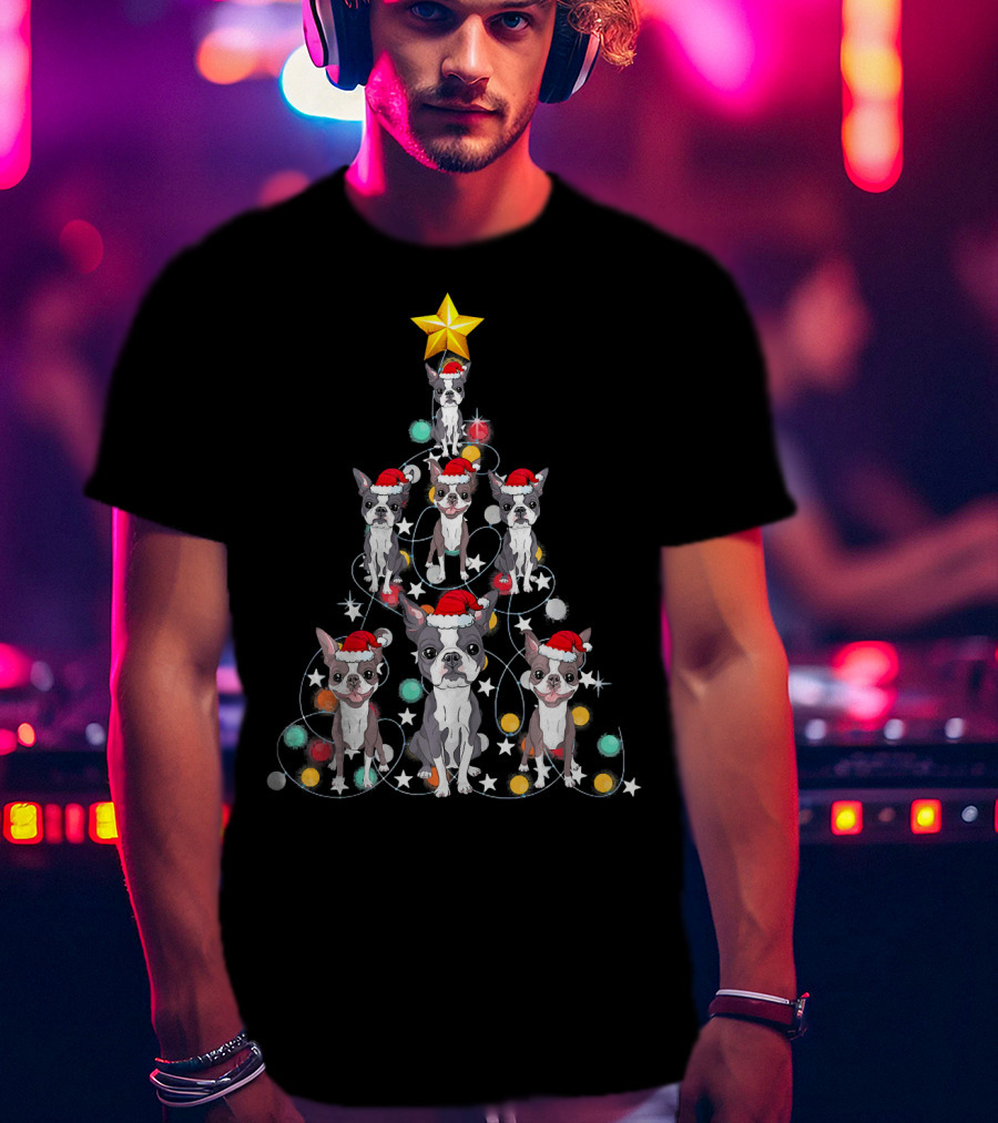Santa Boston Terrier Christmas Tree Star Puppies T-Shirt