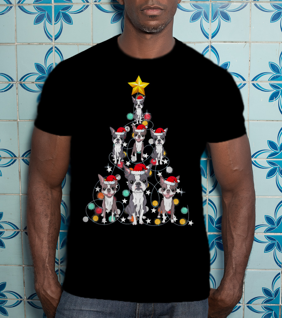 Santa Boston Terrier Christmas Tree Star Puppies T-Shirt
