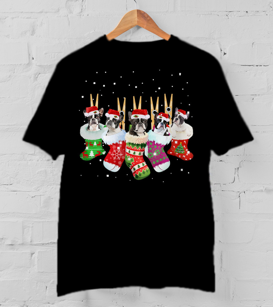 Christmas Boston Terrier Santa Hat Stockings T-Shirt