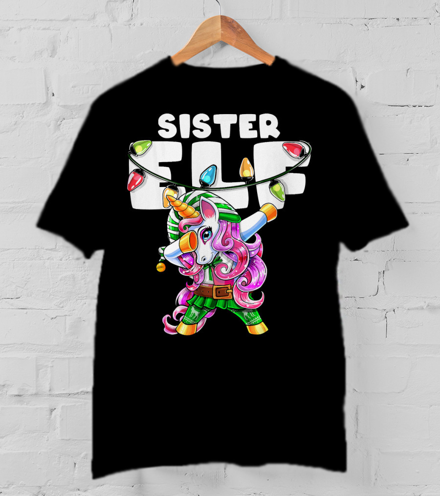 Sister Elf Christmas Dabbing Unicorn With Holiday Lights T-Shirt