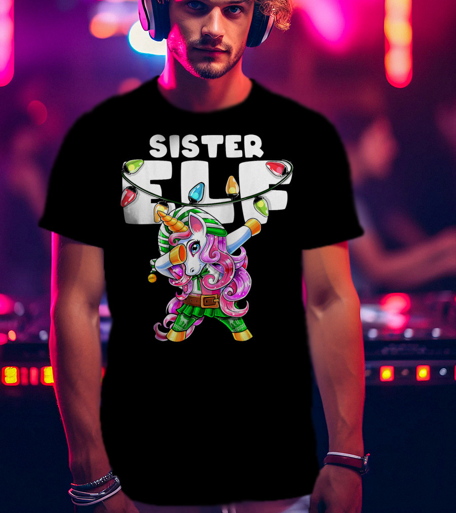 Sister Elf Christmas Dabbing Unicorn With Holiday Lights T-Shirt
