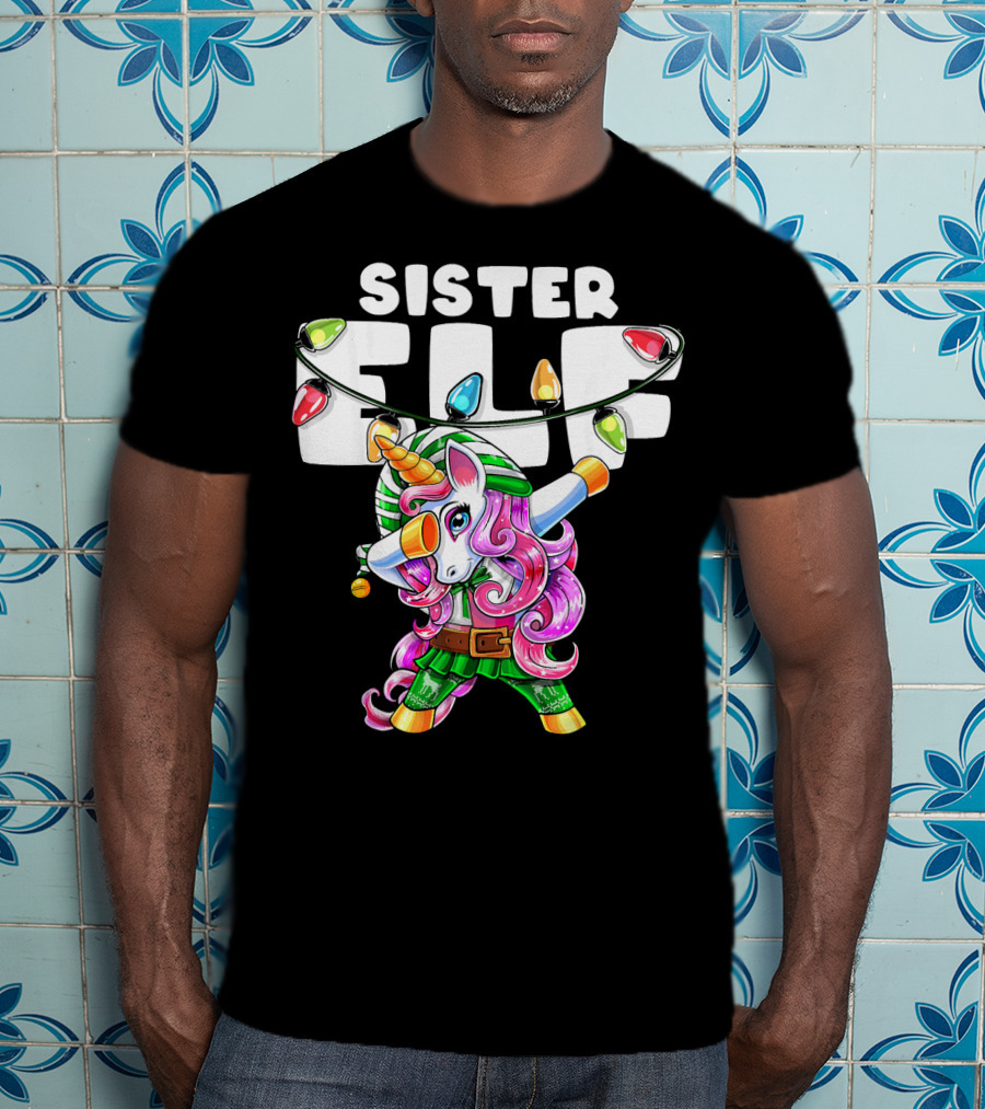 Sister Elf Christmas Dabbing Unicorn With Holiday Lights T-Shirt