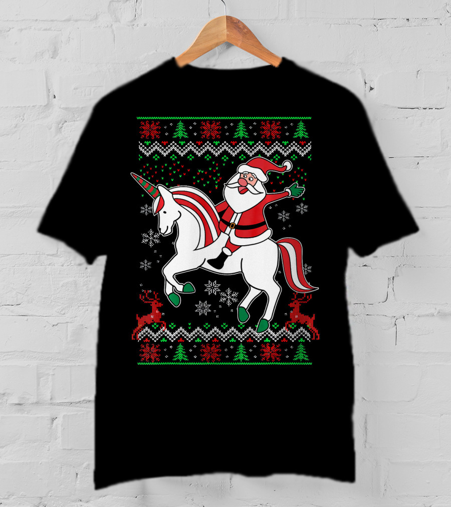 Santa Claus Riding Unicorn Christmas Sweater Pattern Holiday Magic T-Shirt