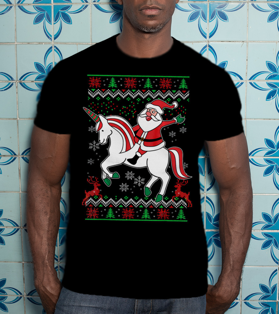 Santa Claus Riding Unicorn Christmas Sweater Pattern Holiday Magic T-Shirt