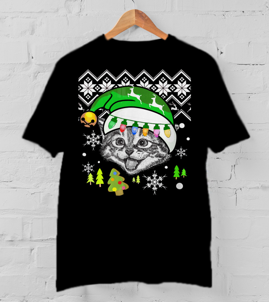 Christmas Cat Reindeer Hat Snowflakes Festive Lights T-Shirt