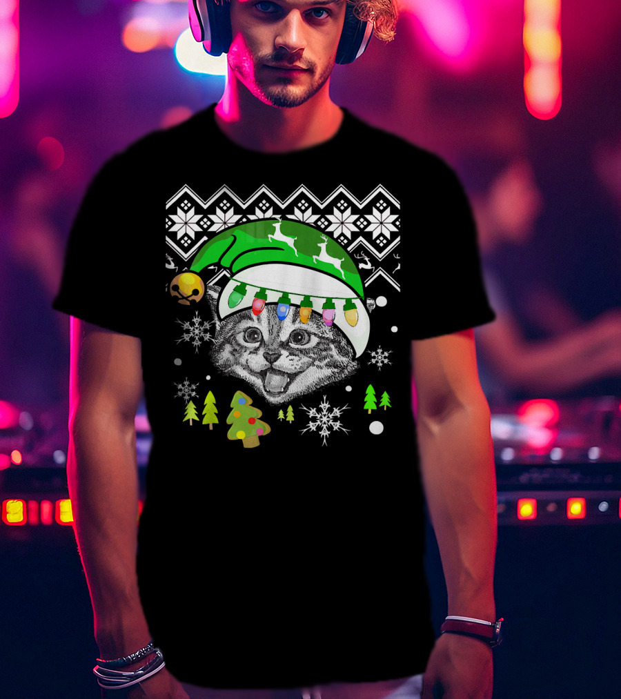Christmas Cat Reindeer Hat Snowflakes Festive Lights T-Shirt