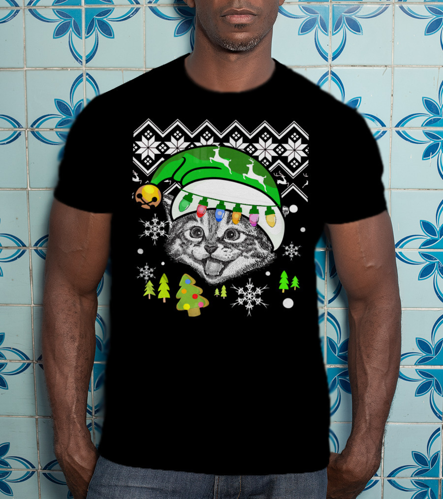 Christmas Cat Reindeer Hat Snowflakes Festive Lights T-Shirt