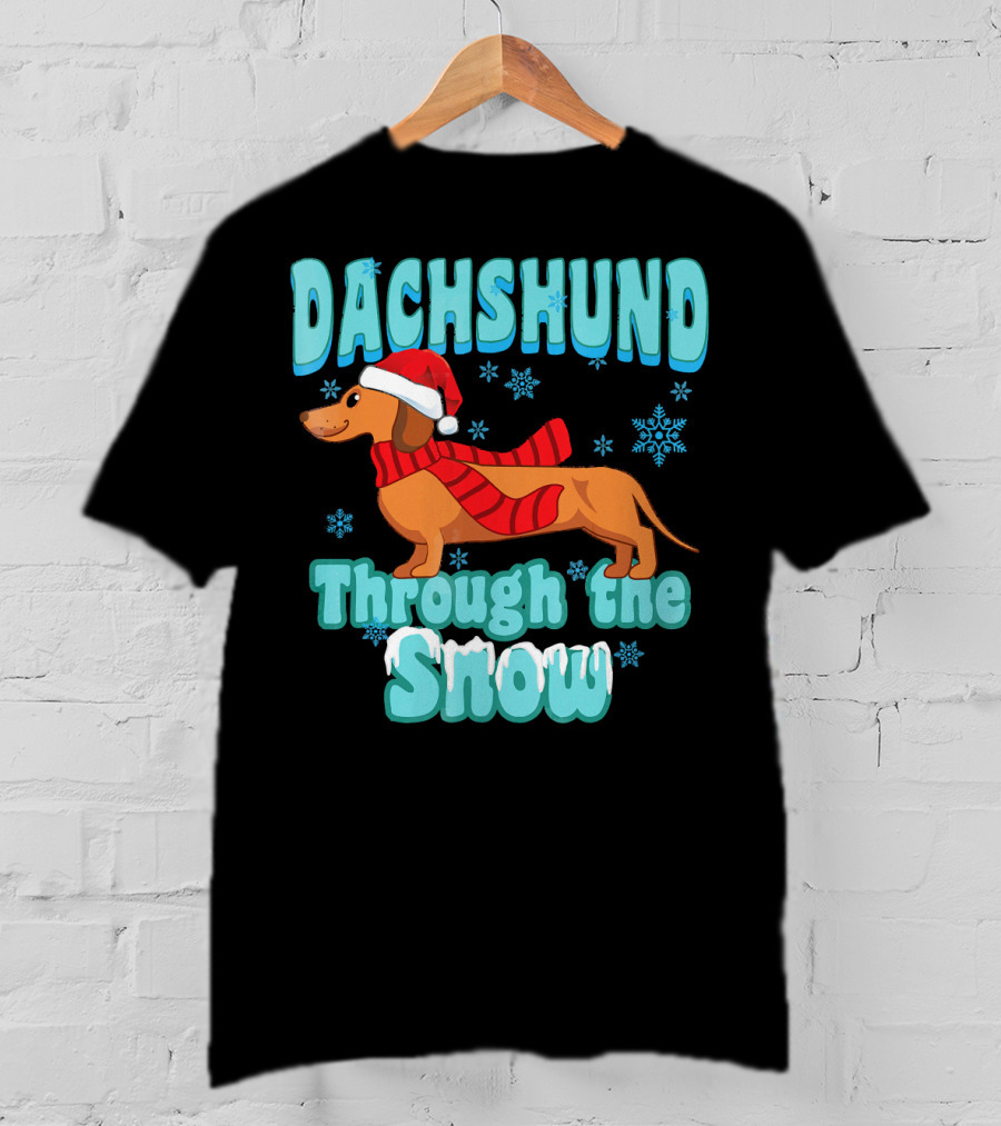 Dachshund Through The Snow Scarf And Santa Hat T-Shirt