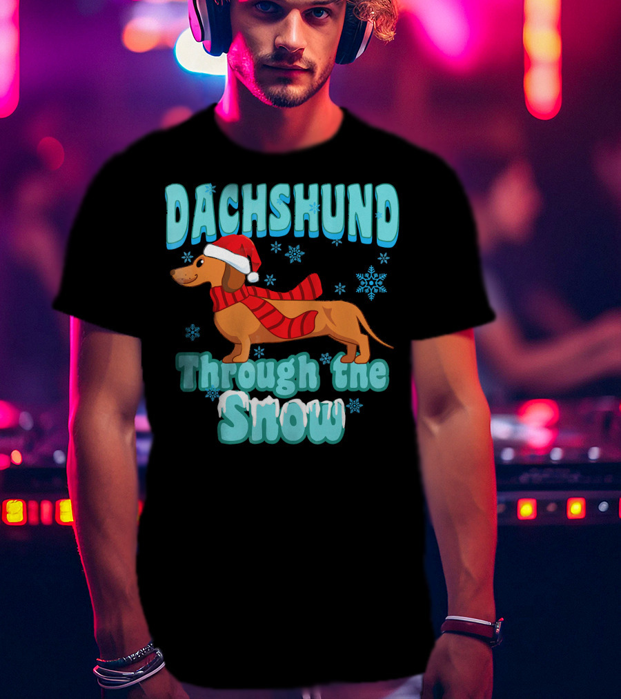 Dachshund Through The Snow Scarf And Santa Hat T-Shirt