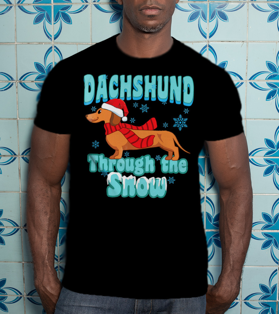 Dachshund Through The Snow Scarf And Santa Hat T-Shirt
