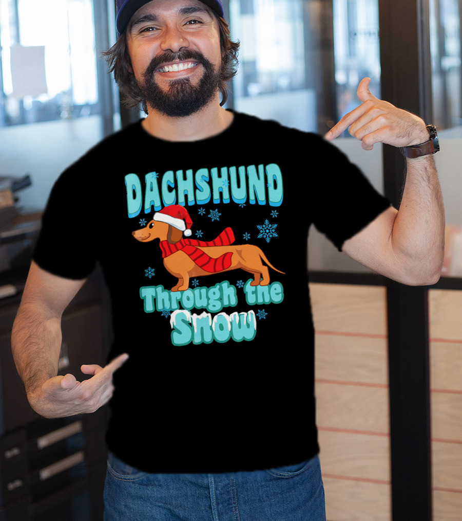 Dachshund Through The Snow Scarf And Santa Hat T-Shirt