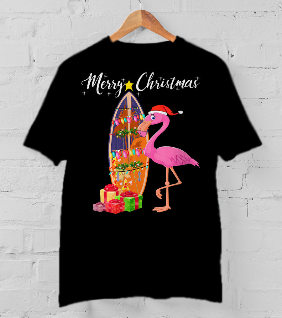 Merry Christmas Flamingo Surfboard Santa Hat Gifts T-Shirt