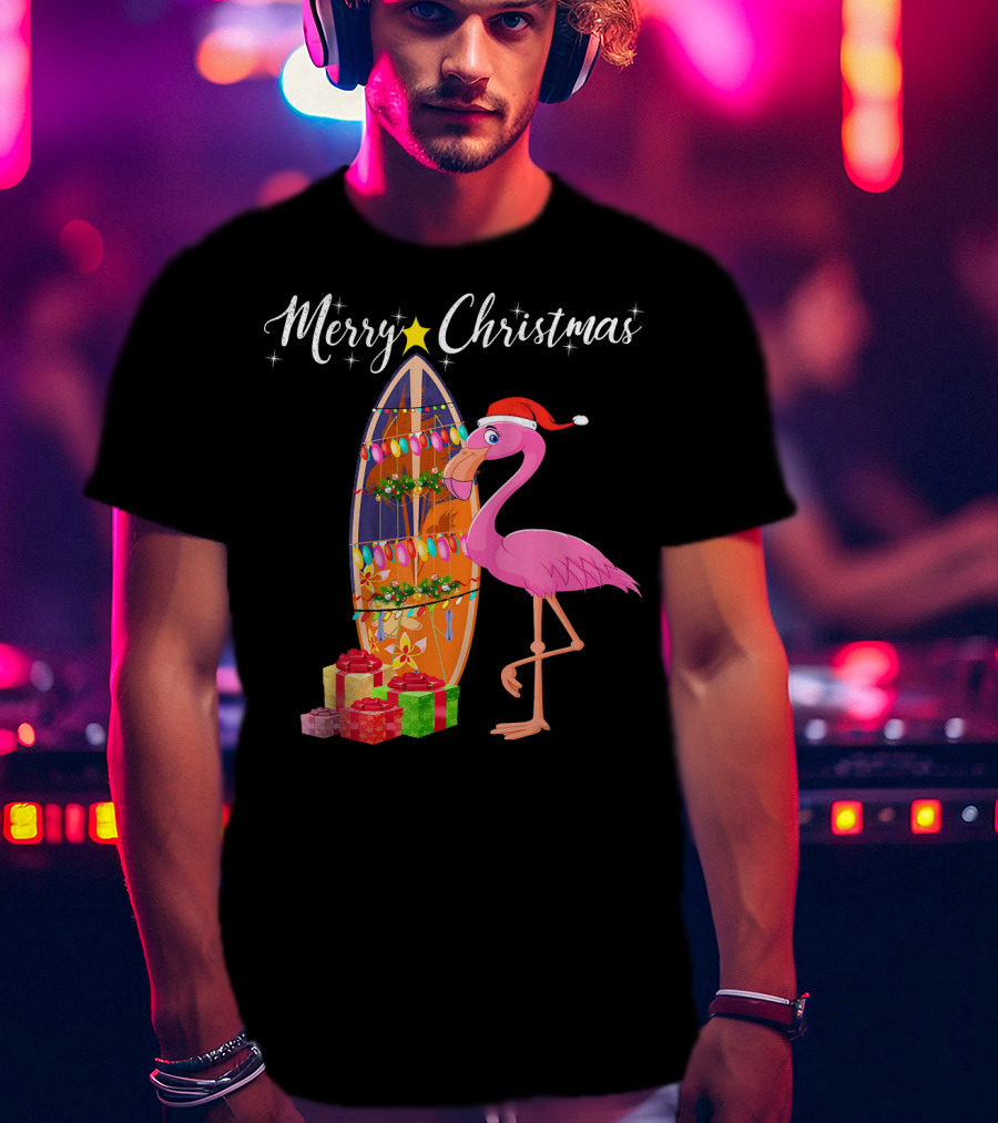 Merry Christmas Flamingo Surfboard Santa Hat Gifts T-Shirt