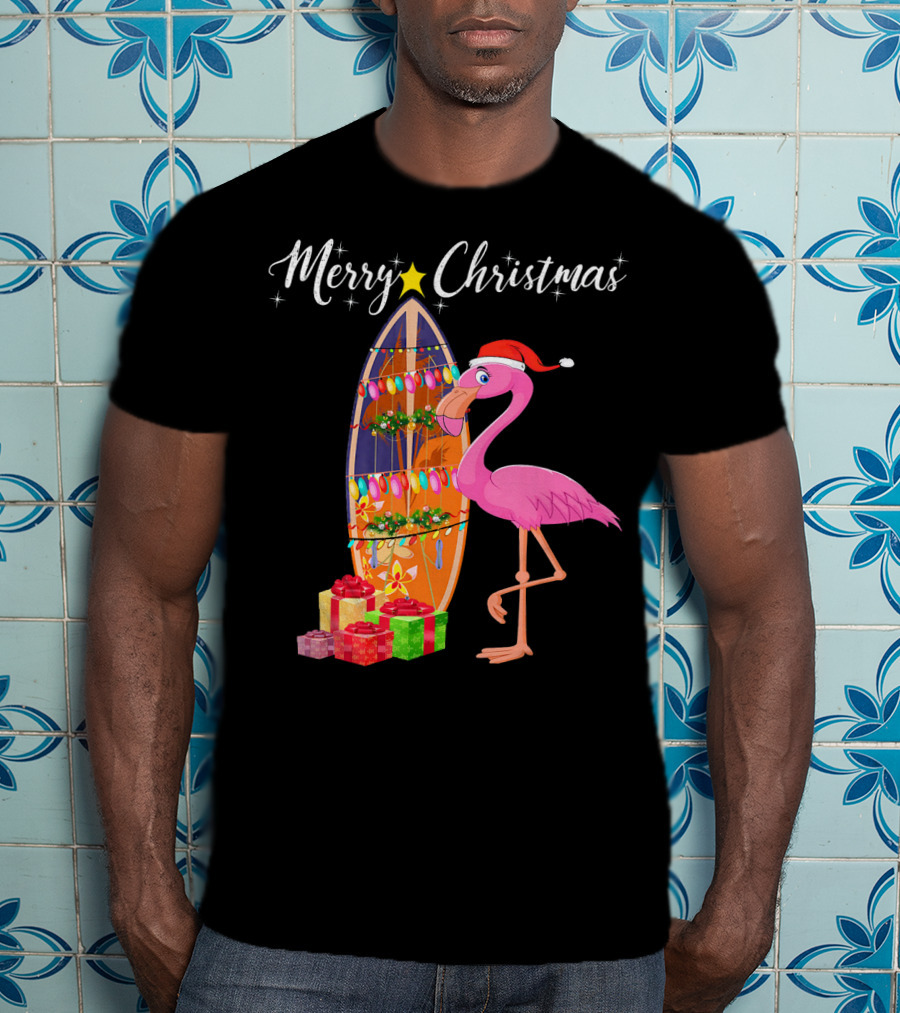 Merry Christmas Flamingo Surfboard Santa Hat Gifts T-Shirt