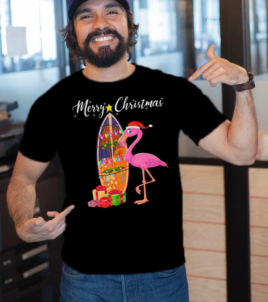 Merry Christmas Flamingo Surfboard Santa Hat Gifts T-Shirt