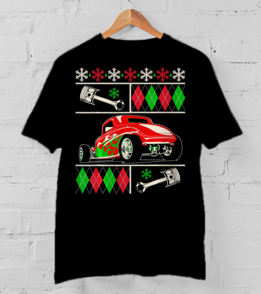 Hot Rod Christmas Ugly Sweater Red Green Car Snowflakes Argyle Pistons T-Shirt