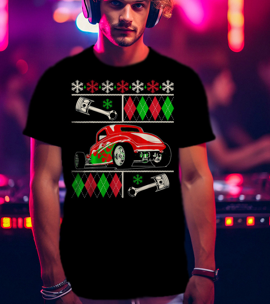 Hot Rod Christmas Ugly Sweater Red Green Car Snowflakes Argyle Pistons T-Shirt