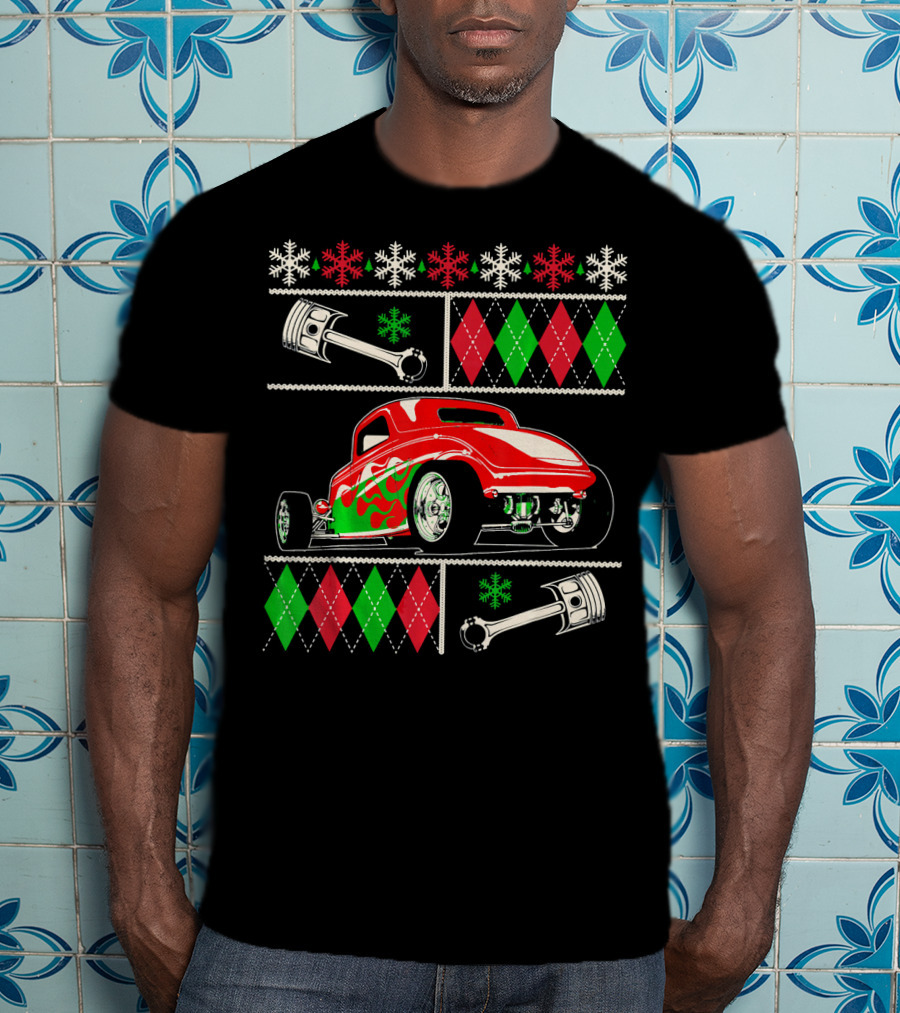 Hot Rod Christmas Ugly Sweater Red Green Car Snowflakes Argyle Pistons T-Shirt