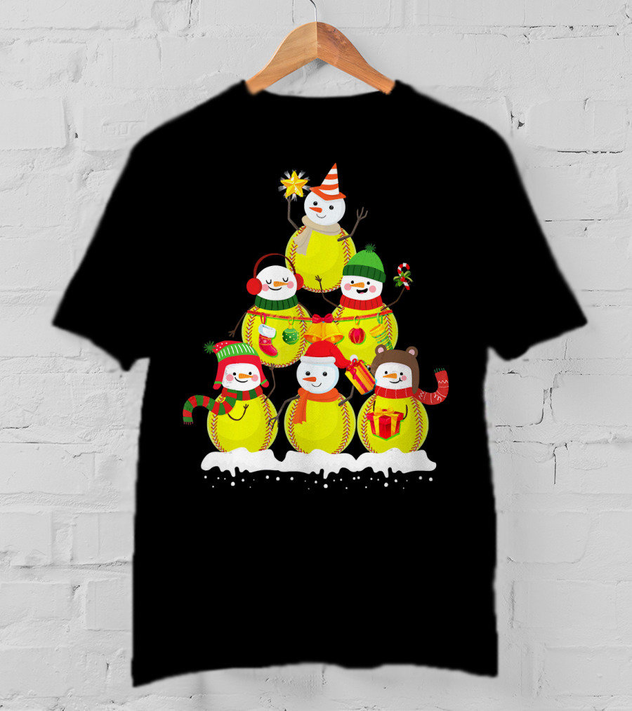Softball Snowman Christmas Tree Holiday Scene T-Shirt