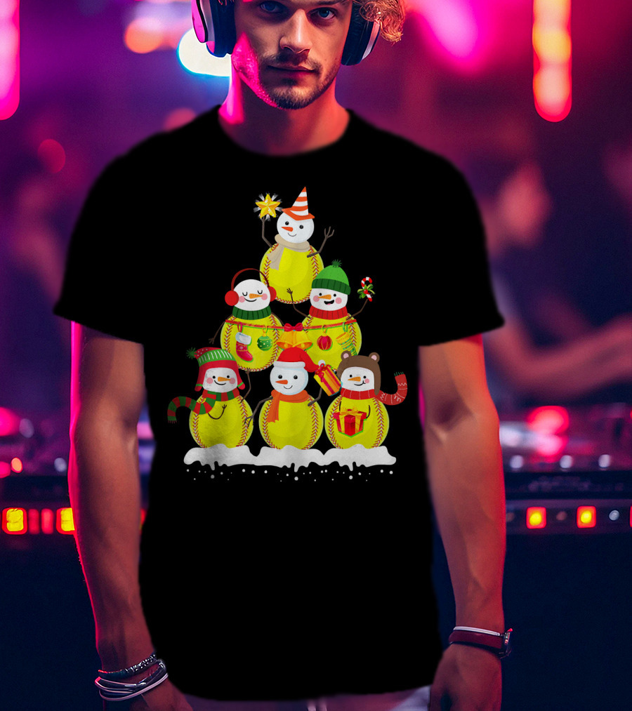 Softball Snowman Christmas Tree Holiday Scene T-Shirt