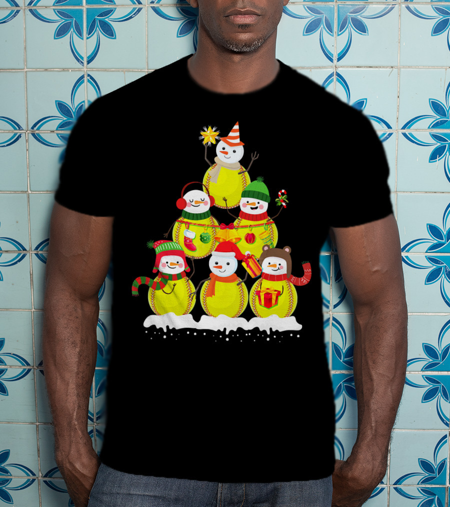 Softball Snowman Christmas Tree Holiday Scene T-Shirt