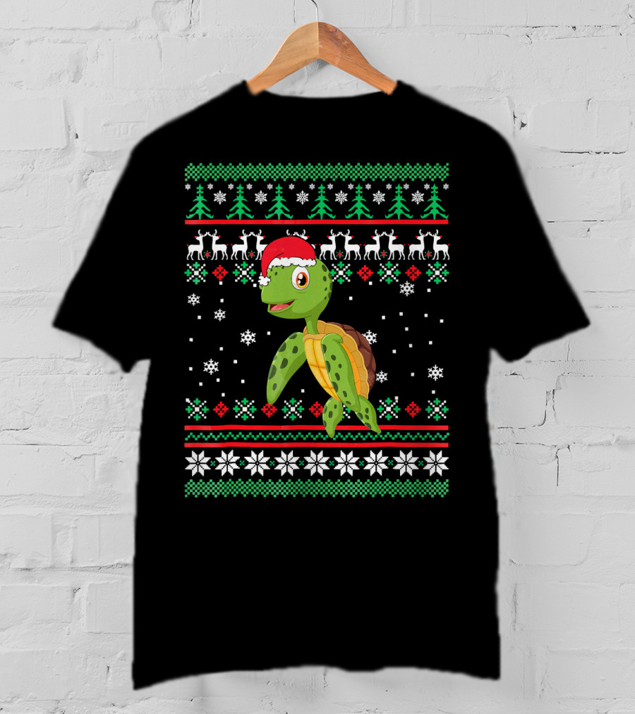 Sea Turtle With Santa Hat Christmas Sweater Pattern Snowflakes Reindeer Trees T-Shirt