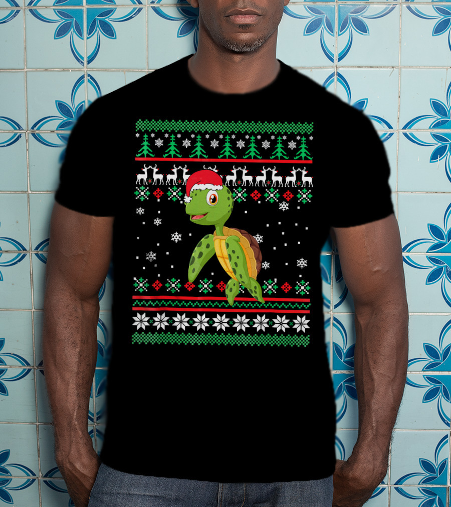 Sea Turtle With Santa Hat Christmas Sweater Pattern Snowflakes Reindeer Trees T-Shirt
