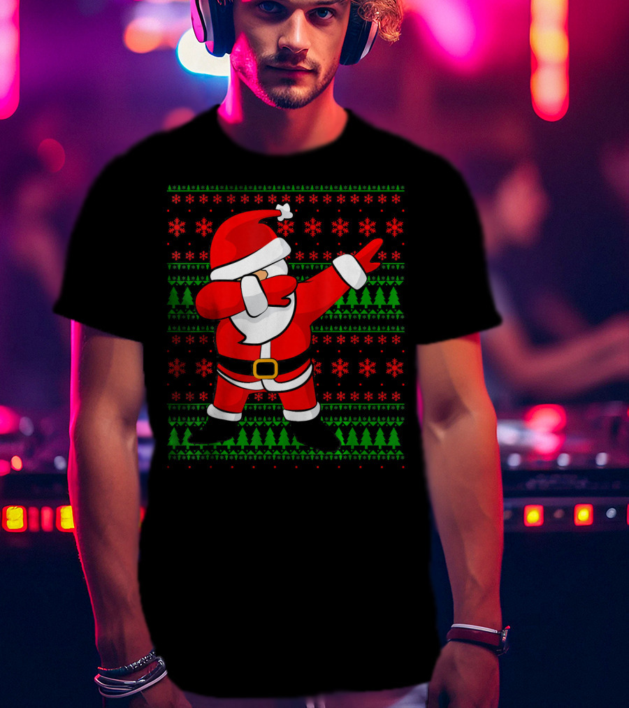 Santa Claus Dabbing Christmas Sweater Style Snowflakes Trees T-Shirt
