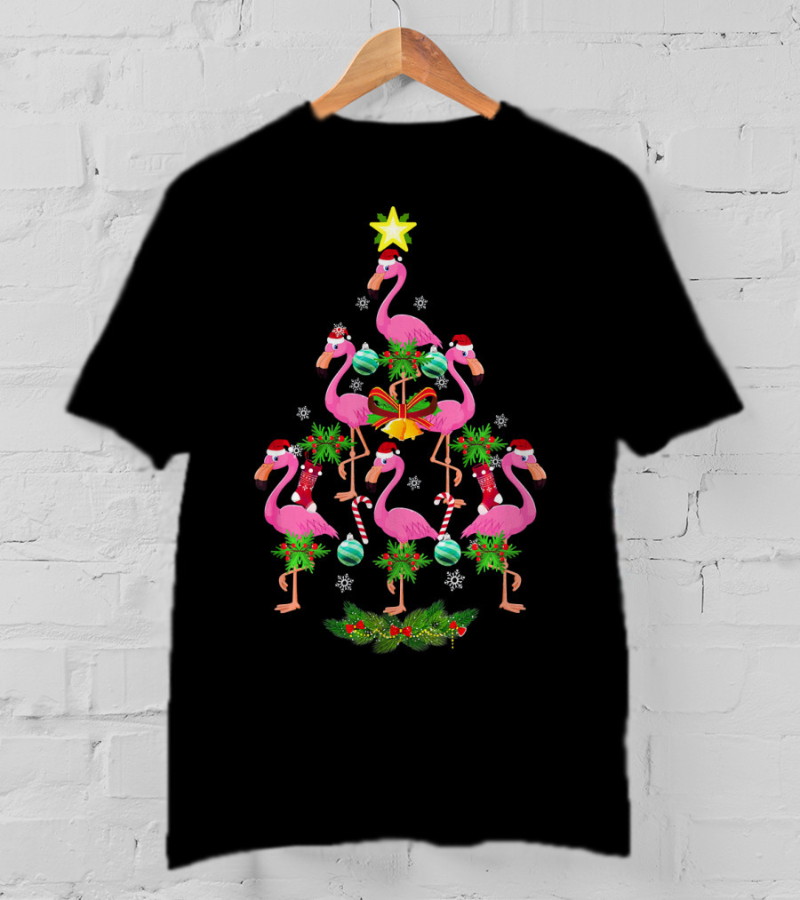Star Flamingo Christmas Tree Santa Hat Ornaments T-Shirt