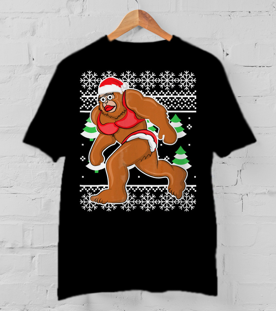 Bigfoot Bikini Ugly Christmas Sweater Santa Hat Snowflakes Holiday Party T-Shirt