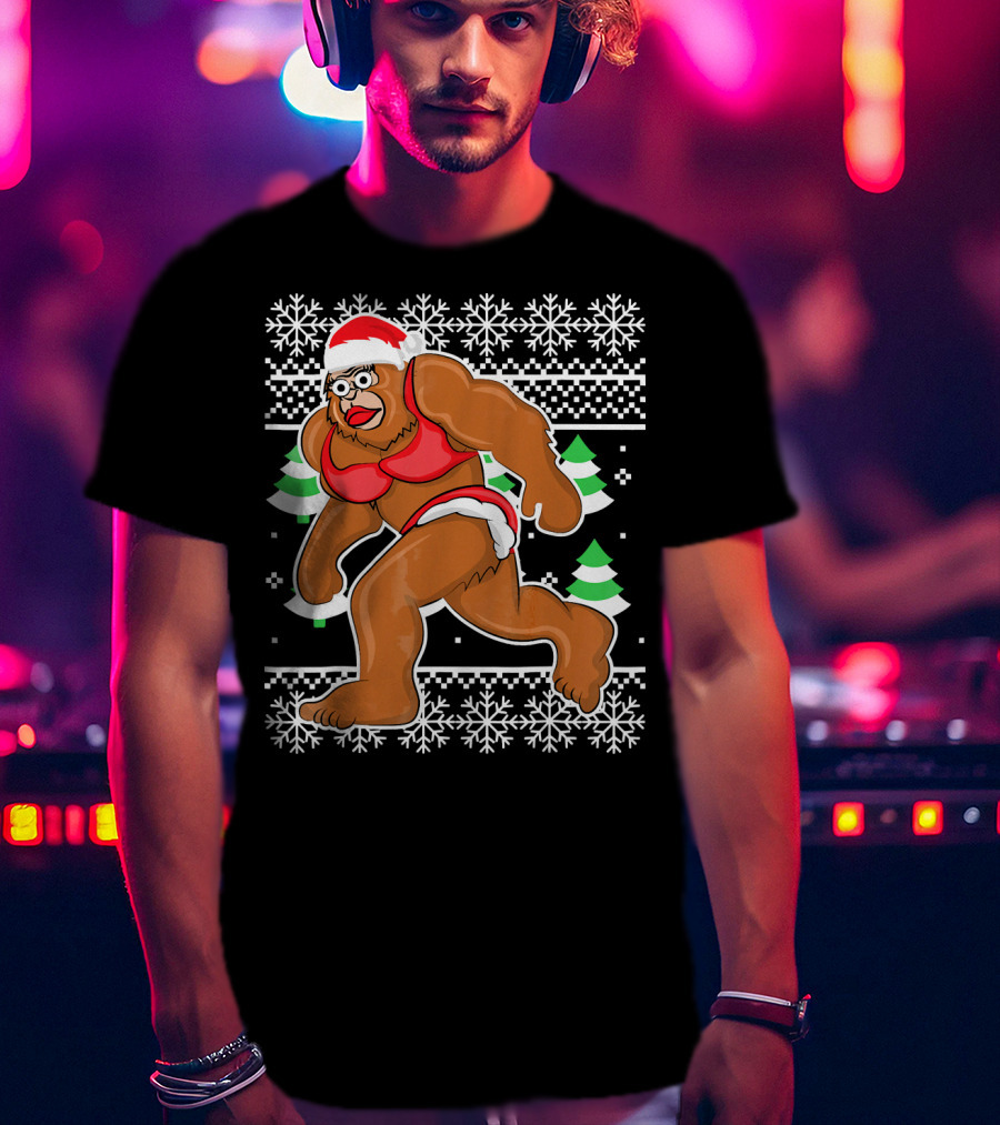 Bigfoot Bikini Ugly Christmas Sweater Santa Hat Snowflakes Holiday Party T-Shirt