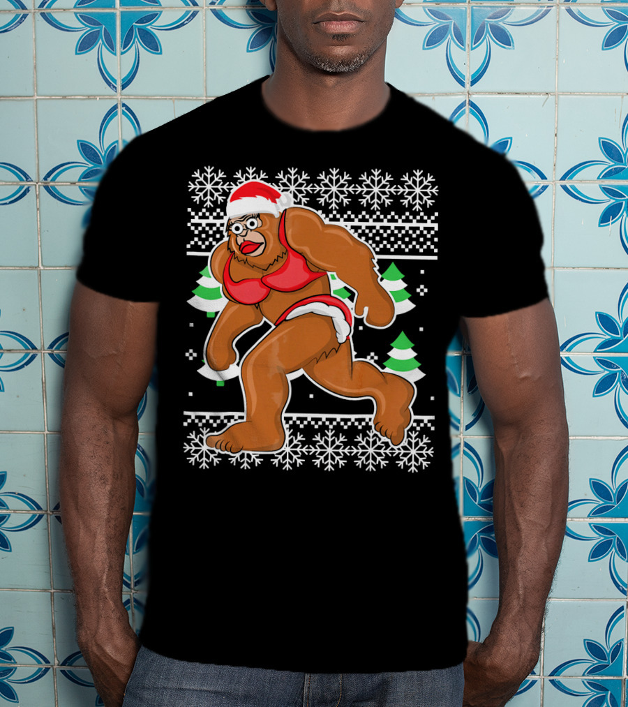 Bigfoot Bikini Ugly Christmas Sweater Santa Hat Snowflakes Holiday Party T-Shirt