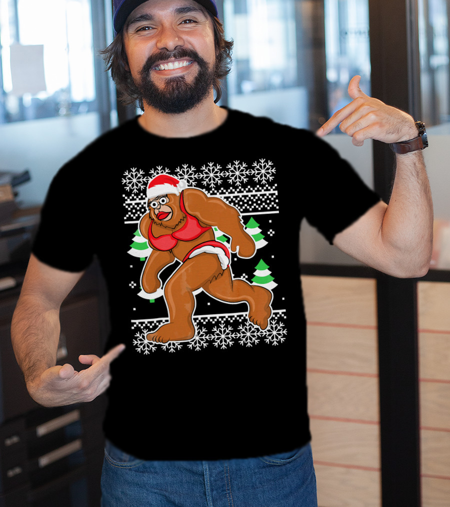 Bigfoot Bikini Ugly Christmas Sweater Santa Hat Snowflakes Holiday Party T-Shirt