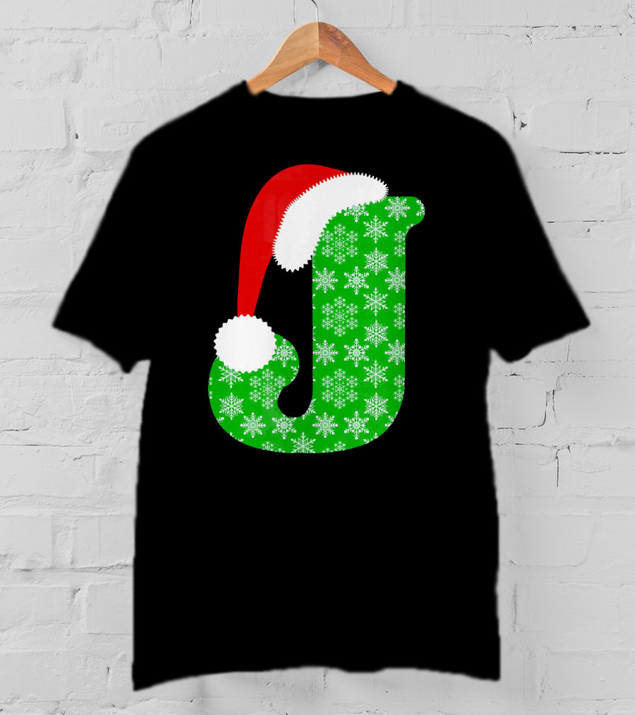 Santa Hat Green Snowflake Monogram Letter J Christmas T-Shirt