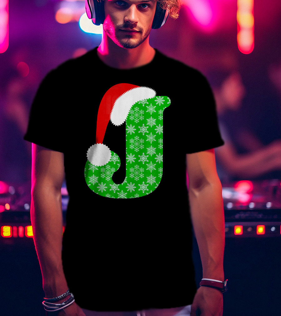 Santa Hat Green Snowflake Monogram Letter J Christmas T-Shirt
