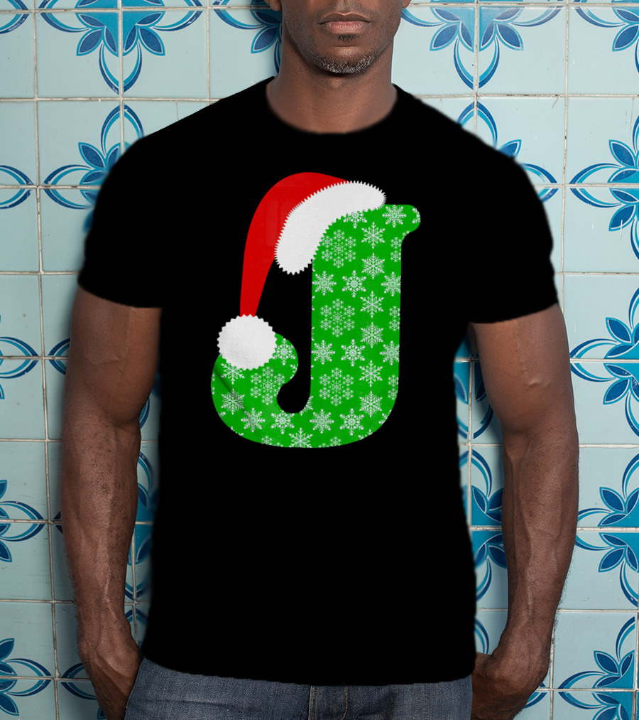 Santa Hat Green Snowflake Monogram Letter J Christmas T-Shirt