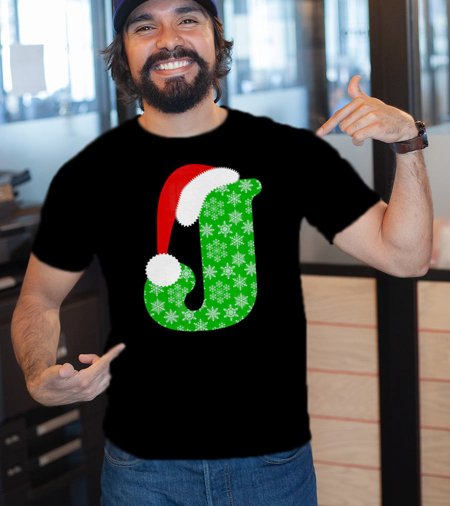 Santa Hat Green Snowflake Monogram Letter J Christmas T-Shirt