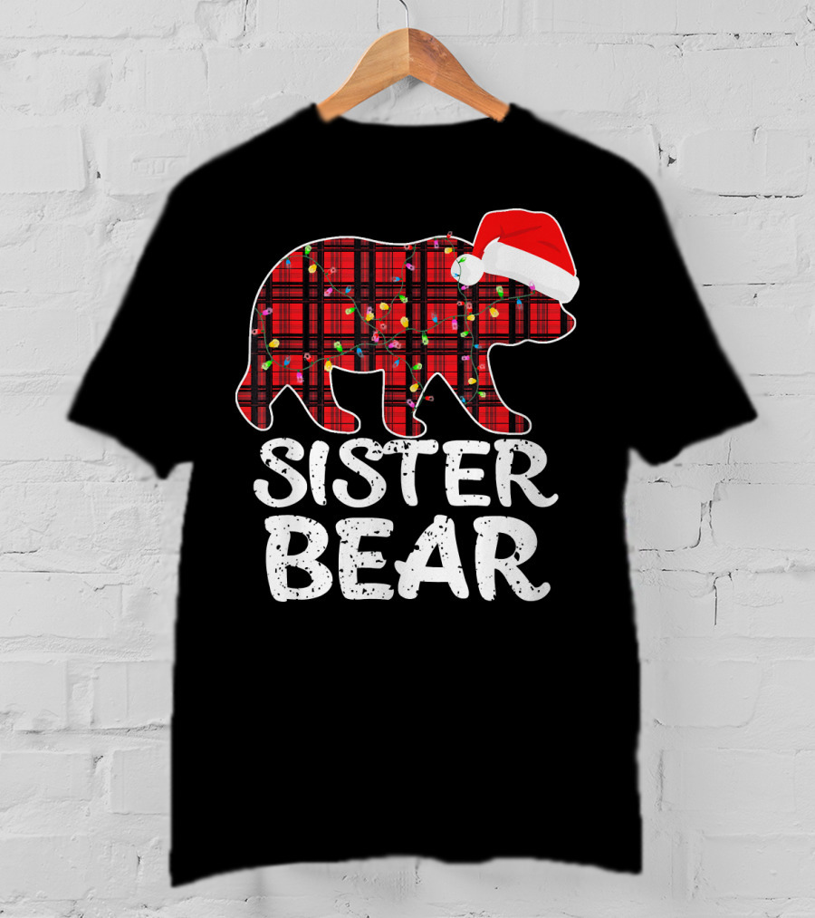Sister Bear Red Plaid Christmas Paj With Santa Hat And Lights T-Shirt