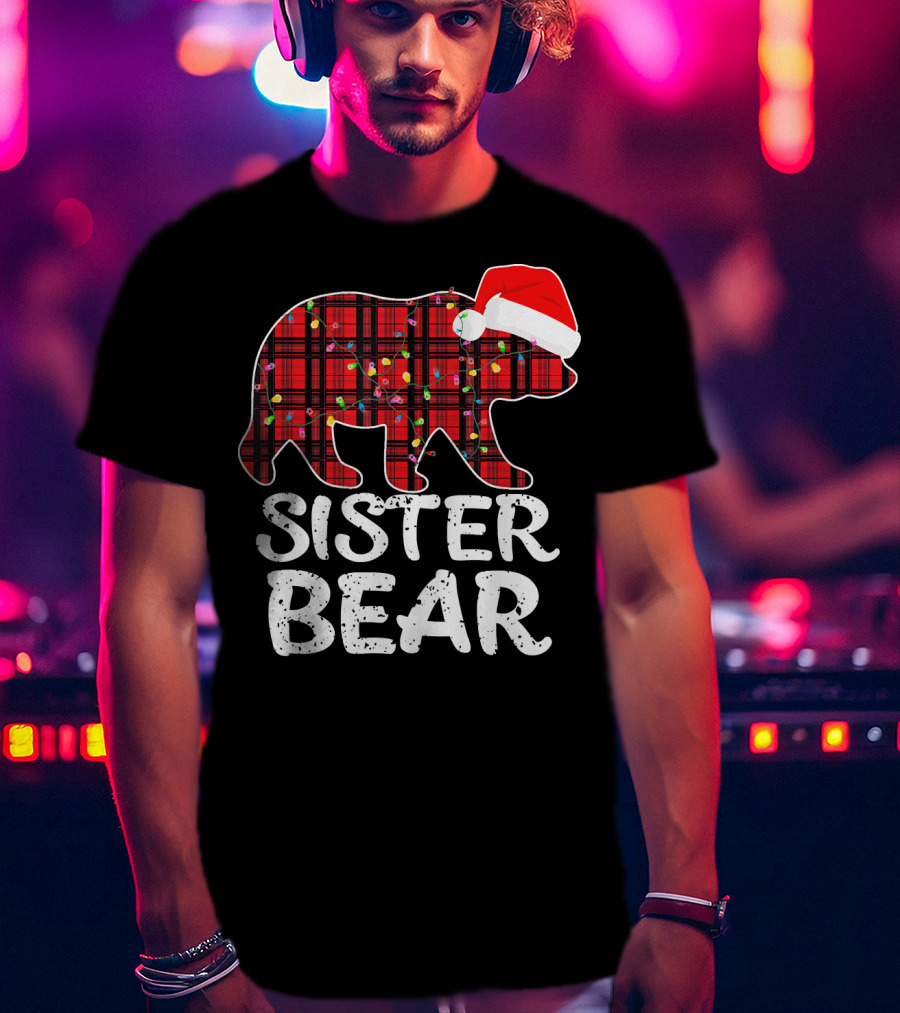 Sister Bear Red Plaid Christmas Paj With Santa Hat And Lights T-Shirt
