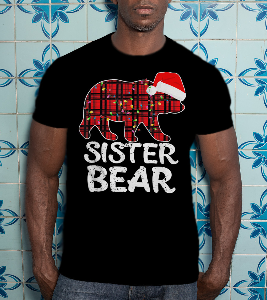 Sister Bear Red Plaid Christmas Paj With Santa Hat And Lights T-Shirt