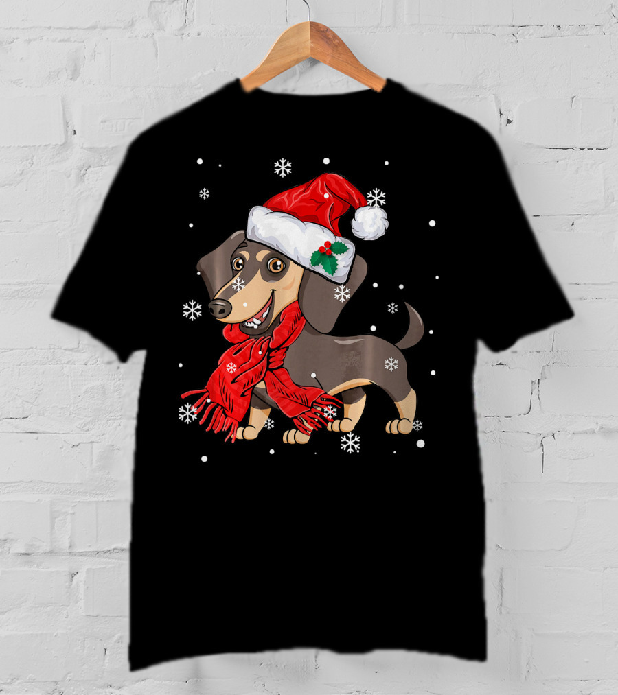 Dachshund Wearing Santa Hat And Red Scarf With Snowflakes T-Shirt