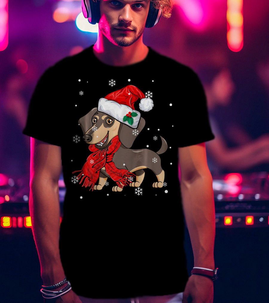 Dachshund Wearing Santa Hat And Red Scarf With Snowflakes T-Shirt
