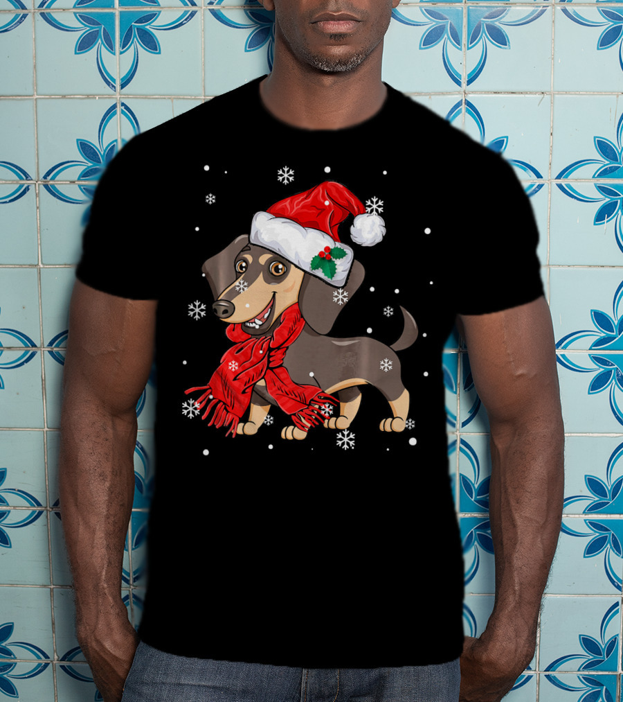 Dachshund Wearing Santa Hat And Red Scarf With Snowflakes T-Shirt