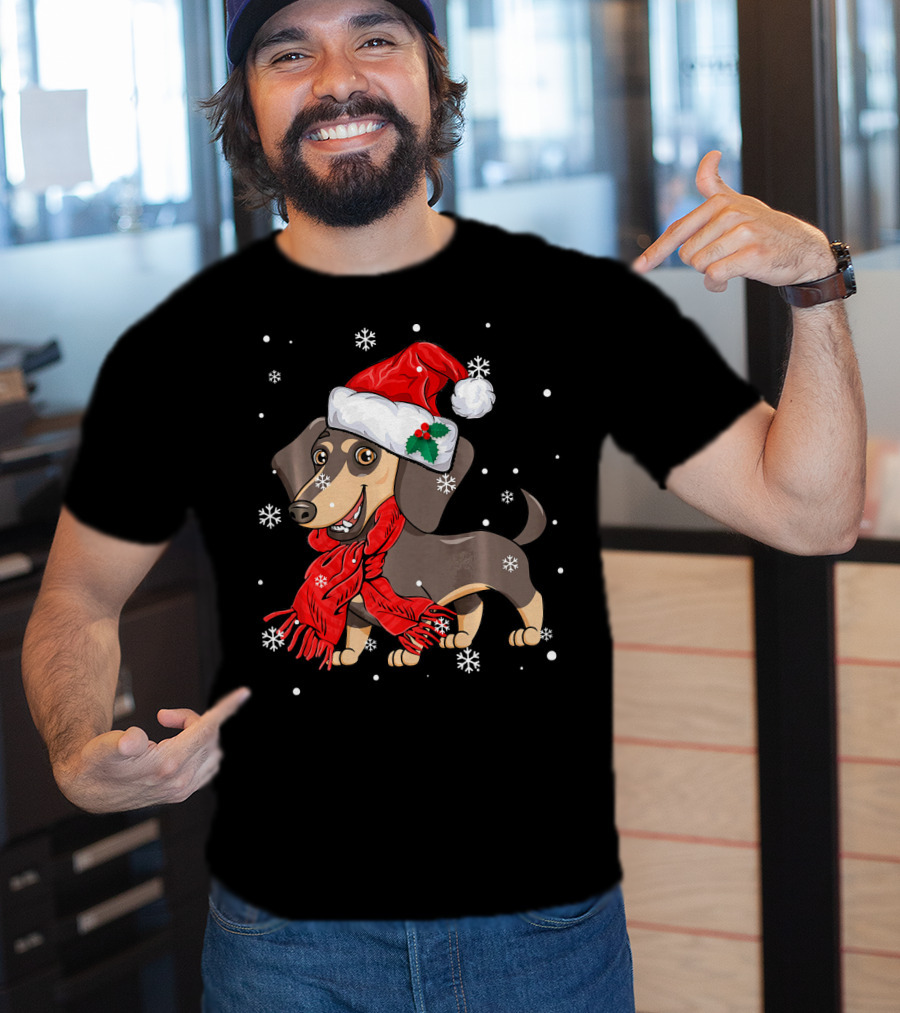 Dachshund Wearing Santa Hat And Red Scarf With Snowflakes T-Shirt