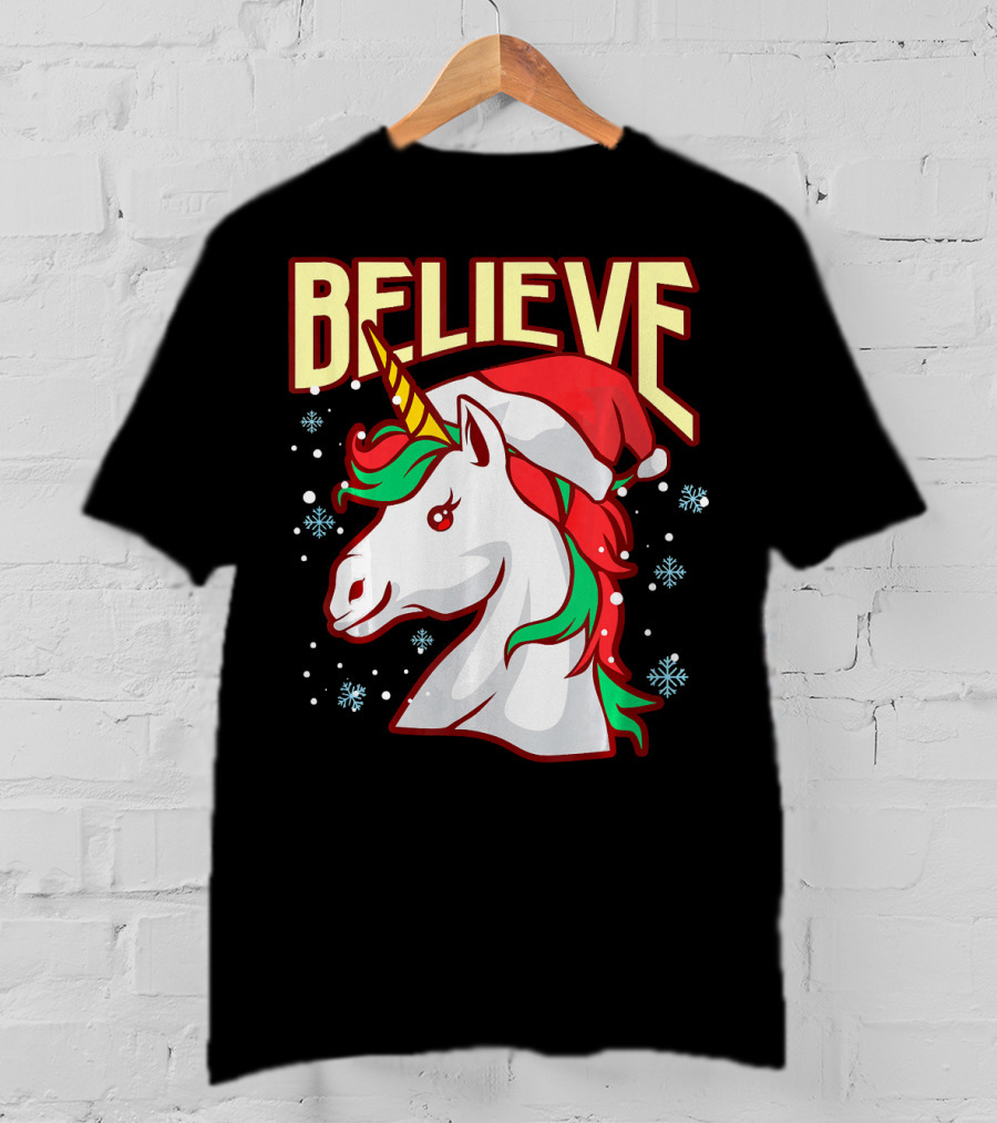 Believe The Unicorn Santa Hat Snowflakes T-Shirt