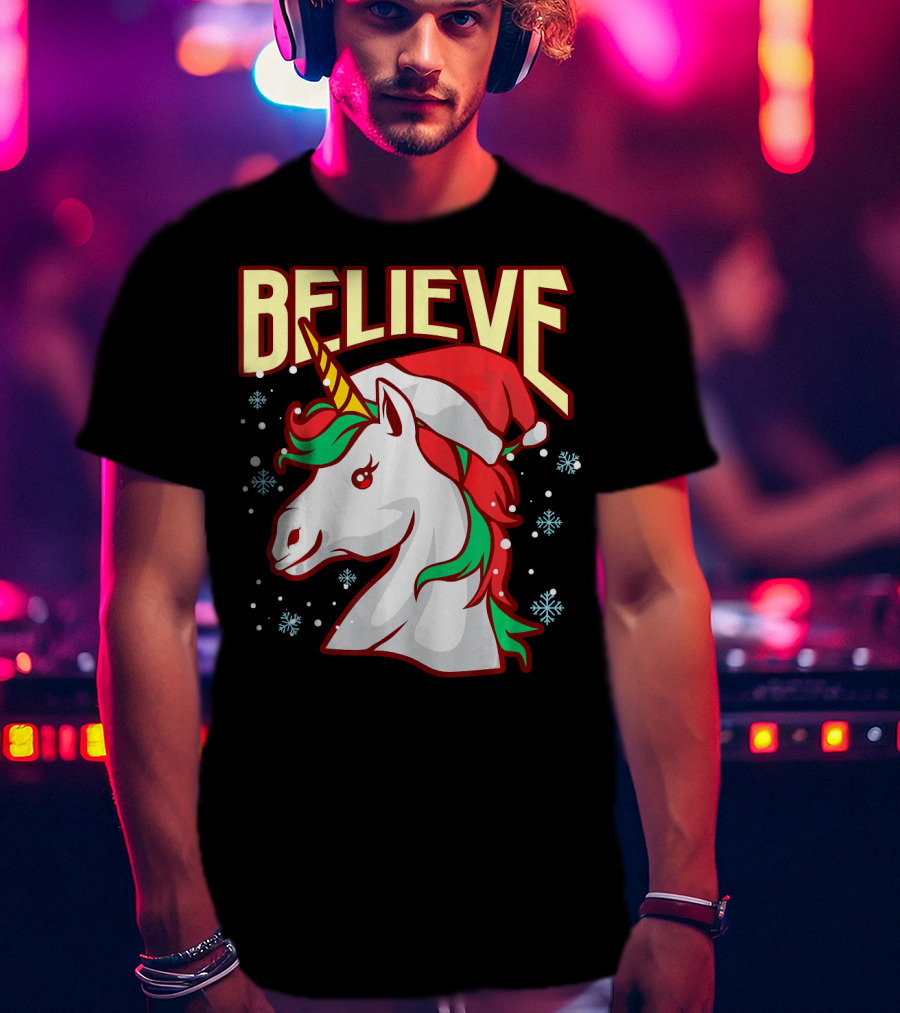 Believe The Unicorn Santa Hat Snowflakes T-Shirt