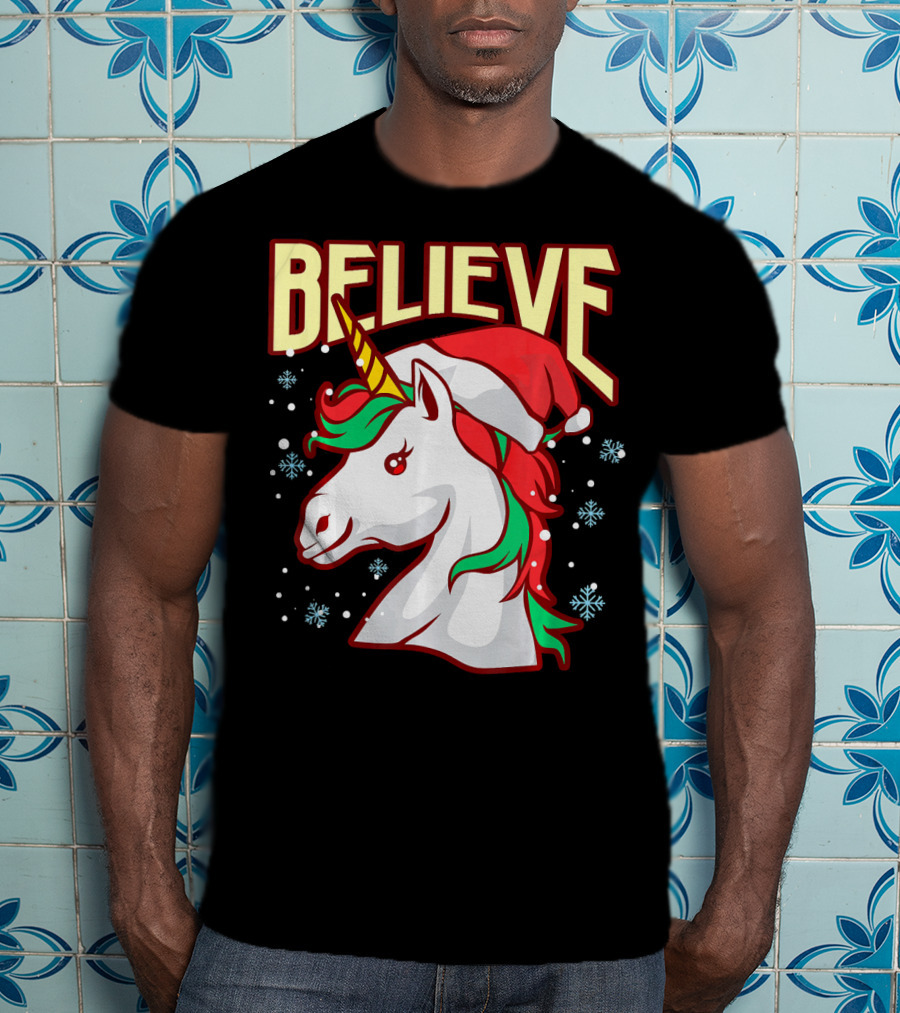 Believe The Unicorn Santa Hat Snowflakes T-Shirt